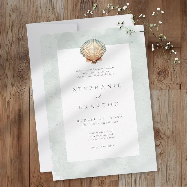 Skal Vattenfärg Minimalistisk Strandbröllop Inbjudningar (Seashell Watercolor Minimalist Beach Wedding Invitation)