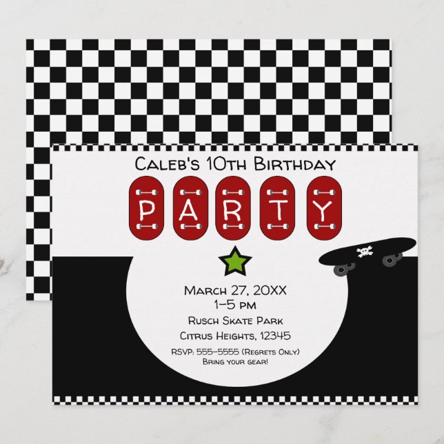 Skala Födelsedagsfest för halvcirkel för Skateboar Inbjudningar (Fram/baksida)