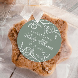 Skalad Blommigt Sage Grönt Baby Shower Runt Klistermärke