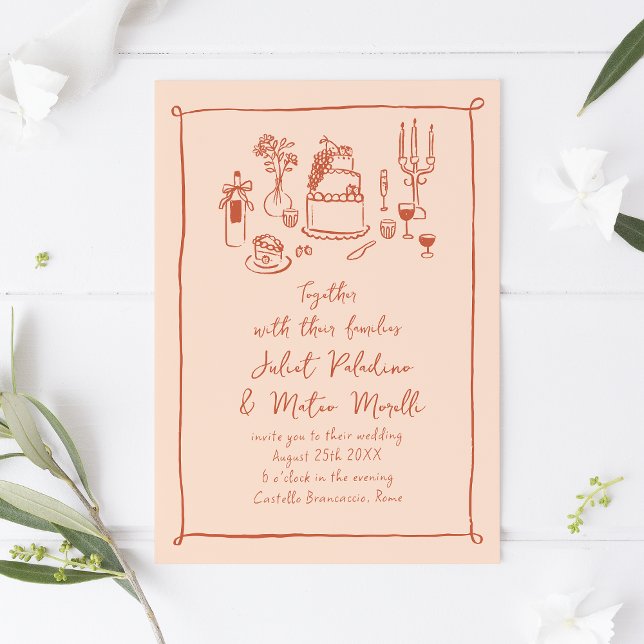 Skalad mat och dryck Handskriven persika Bröllop Inbjudningar (peach quirky hand-drawn wedding invitation with food doodles)