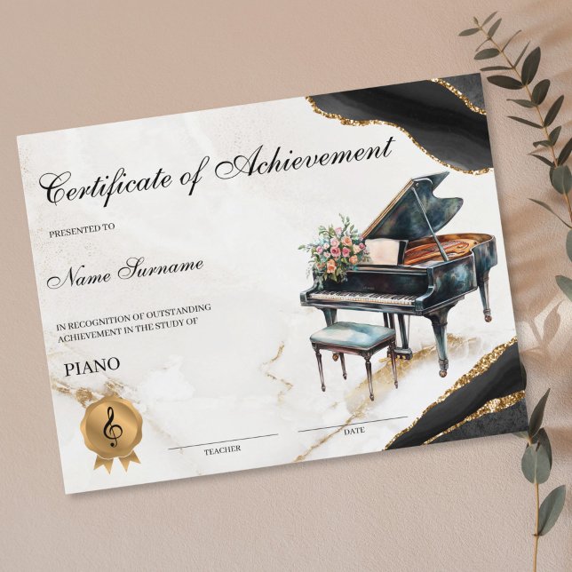 Skälet till uppnåendet av Piano Certificate Music  (piano recital certificate with watercolor piano and flower bouquet)