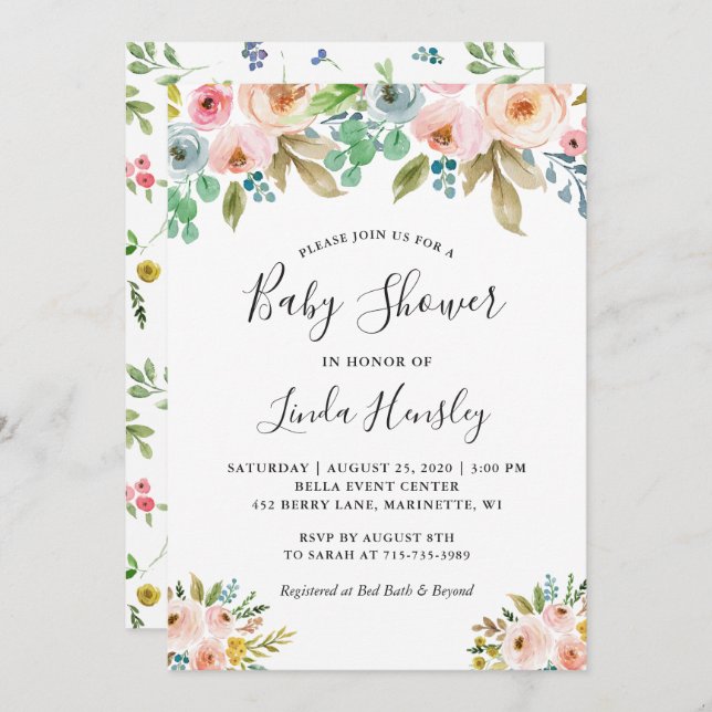 Skålig dammskjut av Blommigt med vattenfärg Inbjudningar (Fram/baksida)