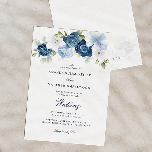 Skåligt skript för blå Blommigt, marin Bröllop Inbjudningar (Dusty Blue Floral Script Minimalist Wedding Invitation)