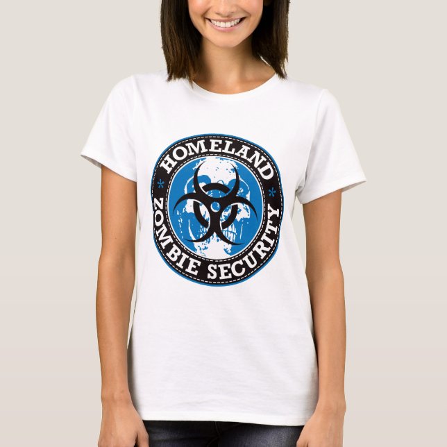 Skalle för hemlandZombiesäkerhet - blått Tee Shirt (Framsida)