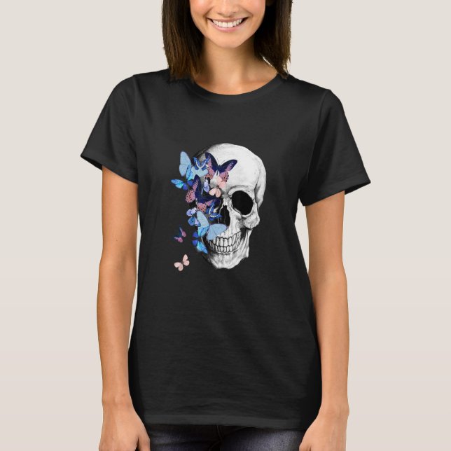 skalle med blå butterflies vattencolor anatomy art t shirt (Framsida)