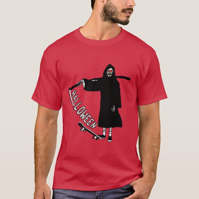 skalle med skateboard Holding scythe halloween T Shirt (Framsida)
