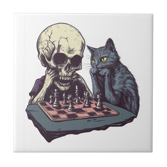 Skalle vs Katt � Roligt Schackslag Kakelplatta (Framsidan)