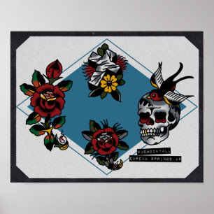Skallekor och prålig traditionell tatuering för ro poster