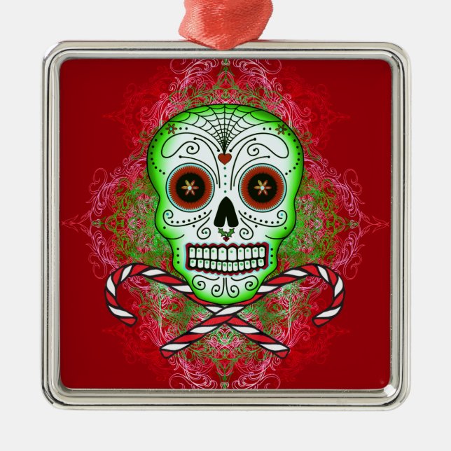 Skallen och candy cane kvadrerar metallprydnaden julgransprydnad metall (Framsidan)