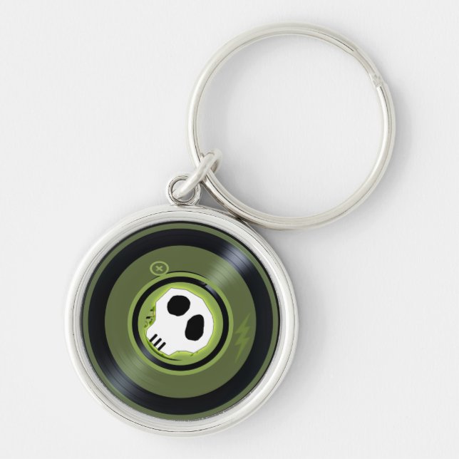 Skallevinylrekord Keychain Rund Silverfärgad Nyckelring (Framsidan)