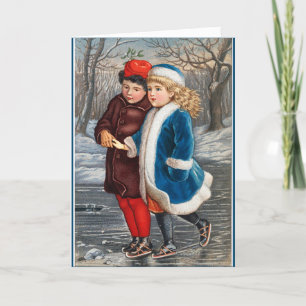 Skalning i ett Helgdag av vinterpond-Vintage Kort