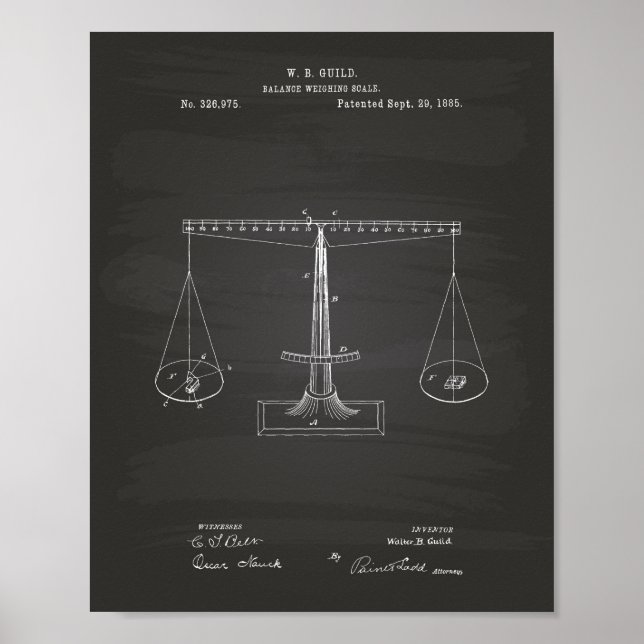 Skalor för juridik 1885 Patent Art - Chalkboard Poster (Framsidan)