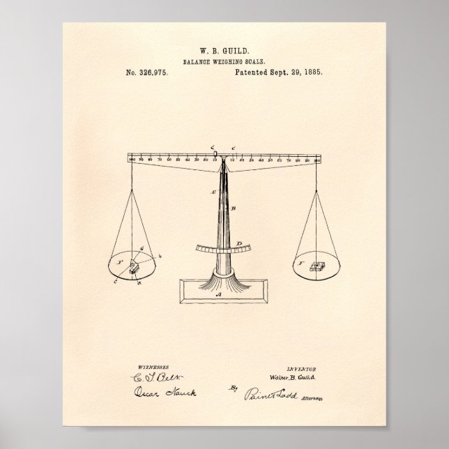 Skalor för juridik 1885 Patent Art - Gamla peper Poster (Framsidan)
