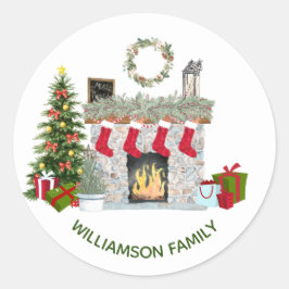 Skämmande jultomtegrensfilé Fireplace Family Namn Runt Klistermärke
