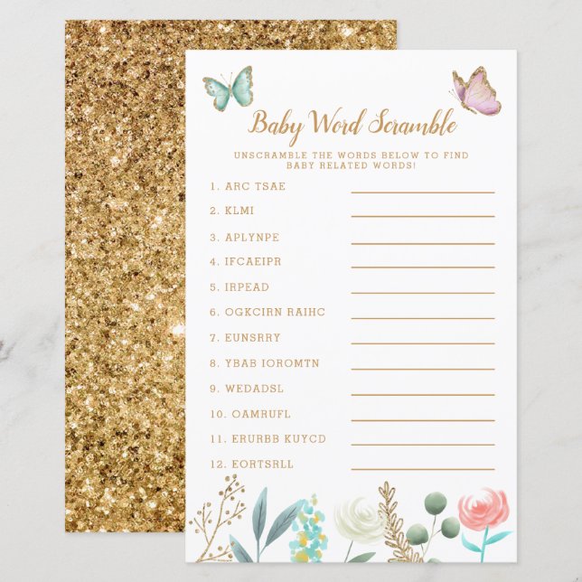 Skamspel i guld Butterfly Garden Baby Ord (Fram/baksida)