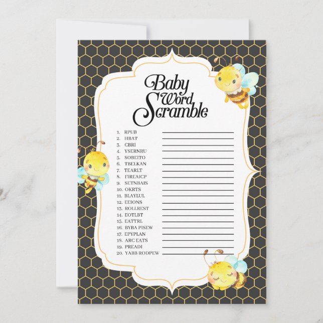 Skamspel i Ord på Bee Baby Shower Inbjudningar (Framsida)