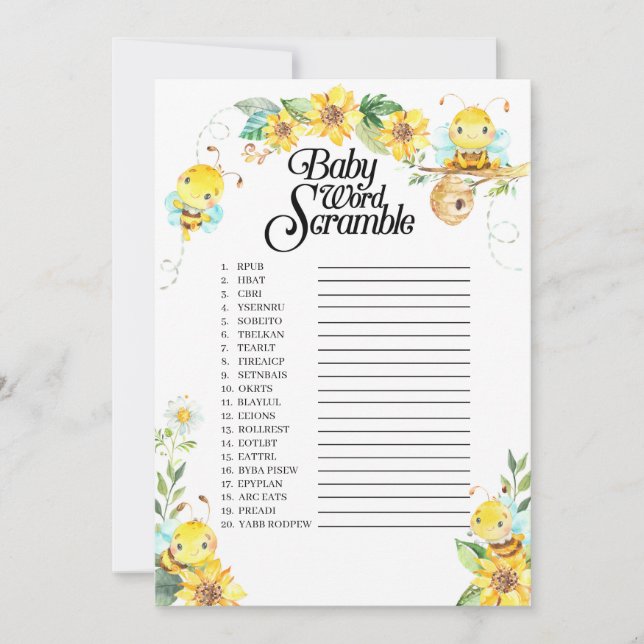 Skamspel i Ord på Bee Baby Shower Inbjudningar (Framsida)