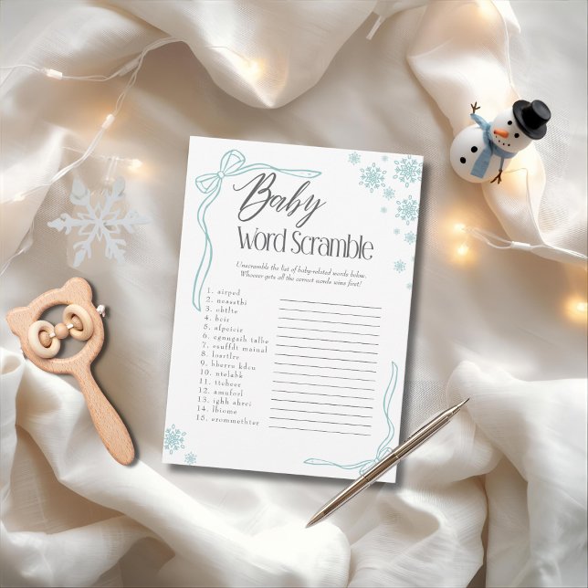 Skamspel i snö vid Baby Ord vid grönten Inbjudningar (Frosty green Bow Baby Word Scramble Game)