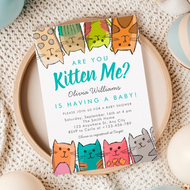 Skämtar du med mig? Kull Neutralt Bebisbad Inbjudningar (Are you kitten me Baby Shower Invitation )