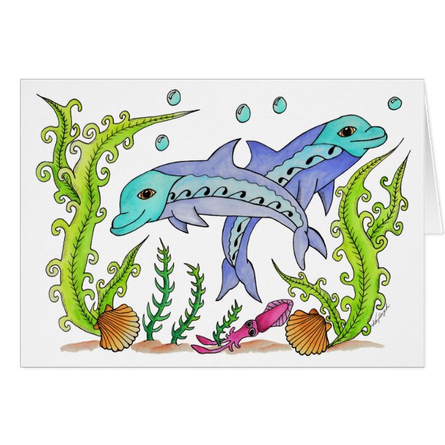 Skämtsamma delfiner hälsningskort (Framsidan Horizontal)