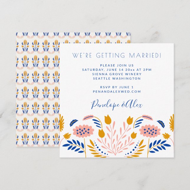 Skandi Folk Flowers i Blue Avslappnad Square Bröll Inbjudningar (Fram/baksida)