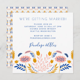 Skandi Folk Flowers i Blue Avslappnad Square Bröll Inbjudningar