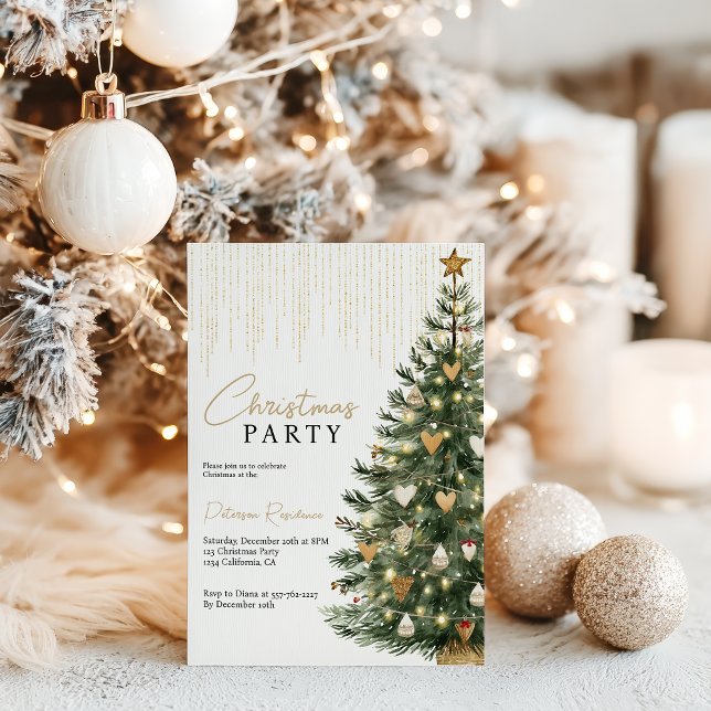 Skandi Guld Watercolor Julgran Winter Inbjudningar (Scandi Gold Watercolor Christmas Tree Winter Invitation)