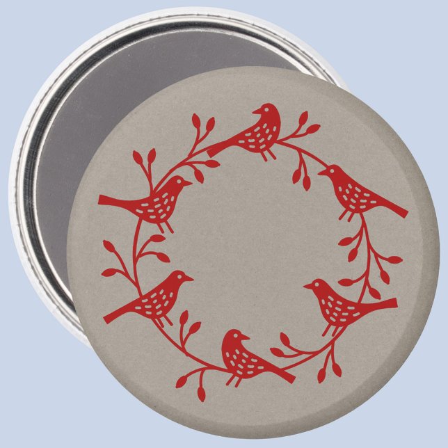 Skandi Utandning av fåglar och Rosehips Magnet (Red Scandinavian bird wreath festive magnet)