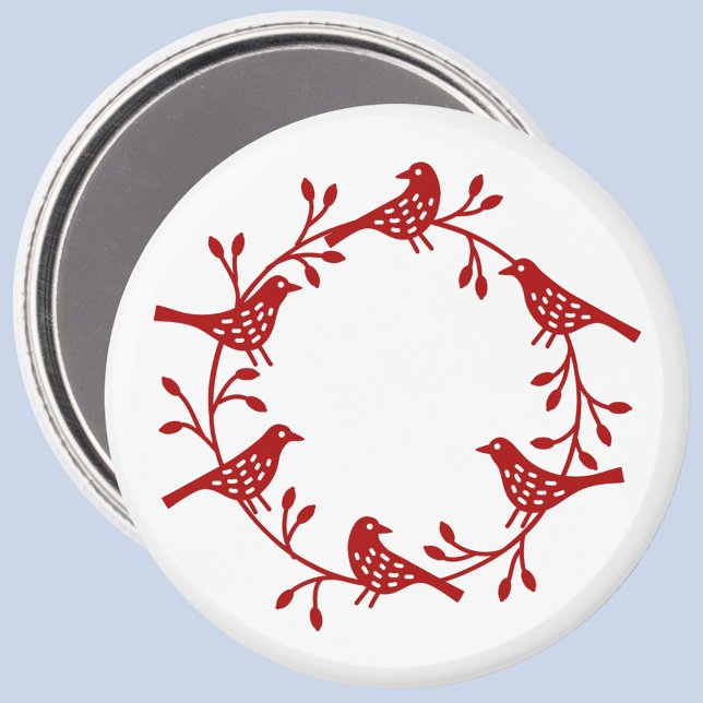Skandi Utandning av fåglar och rosehips Magnet (Red and white Scandinavian bird wreath magnet)