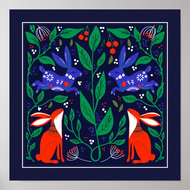 Skandinavian Bunny Blomsterträdgård Poster (Framsidan)