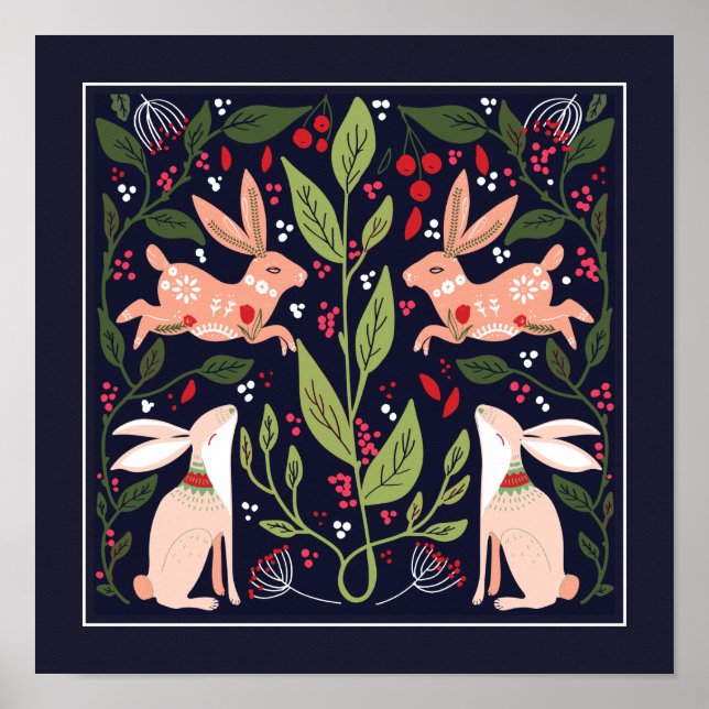 Skandinavian Bunny Blomsterträdgård Poster (Framsidan)