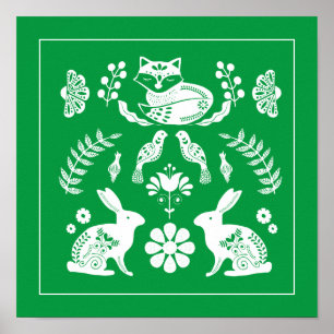 Skandinavian Bunny Fox Blomsterträdgård Poster