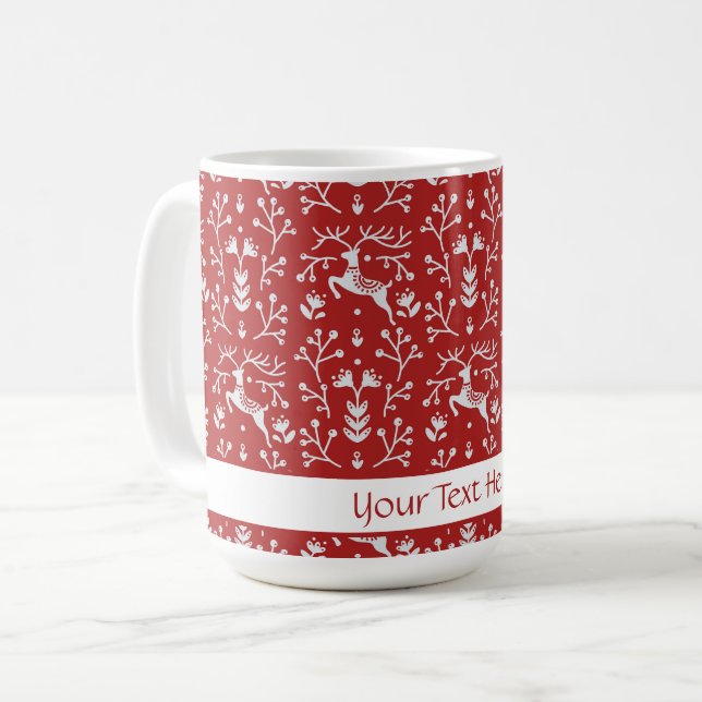 Skandinavian Red White Reindeer Blommigt jul Kaffemugg (Framsida vänster)