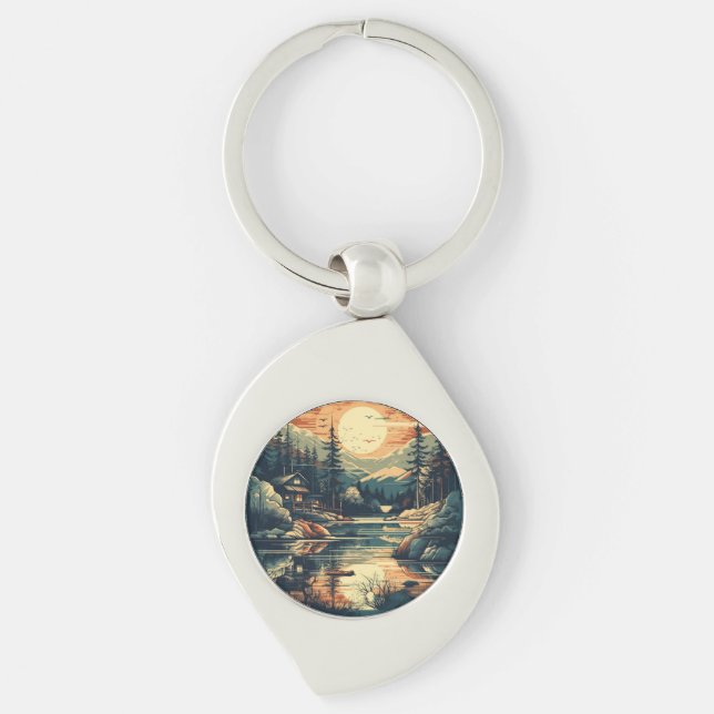 Skandinavian Retro Art Berghem Swirl Silverfärgad Nyckelring (Framsidan)