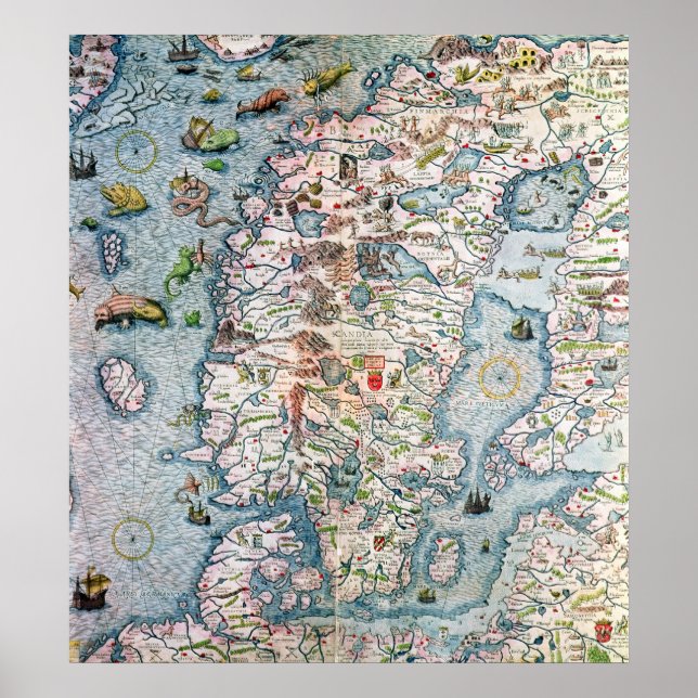 Skandinavien, detaljer från Carta Marina Poster (Framsidan)