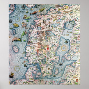 Skandinavien specificerar från den Carta marinaen Poster