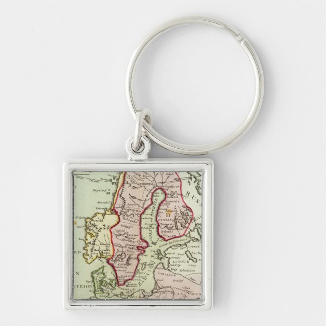 Skandinavien, Sverige, Danmark Fyrkantig Silverfärgad Nyckelring (Framsidan)