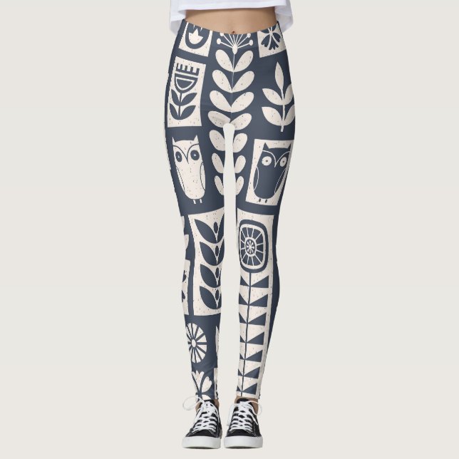 Skandinavisk Blommigt: Vit, blå, minimalistisk. Leggings (Framsida)