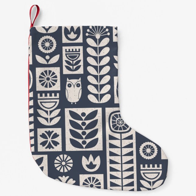 Skandinavisk Blommigt: Vit, blå, minimalistisk. Liten Julstrumpa (Framsidan)