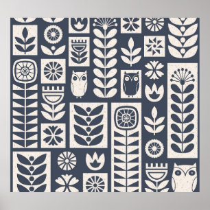 Skandinavisk Blommigt: Vit, blå, minimalistisk. Poster