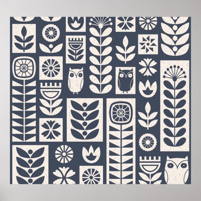 Skandinavisk Blommigt: Vit, blå, minimalistisk. Poster (Framsidan)