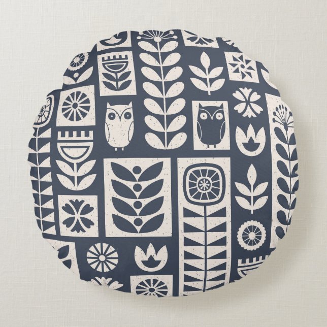 Skandinavisk Blommigt: Vit, blå, minimalistisk. Rund Kudde (Framsidan)