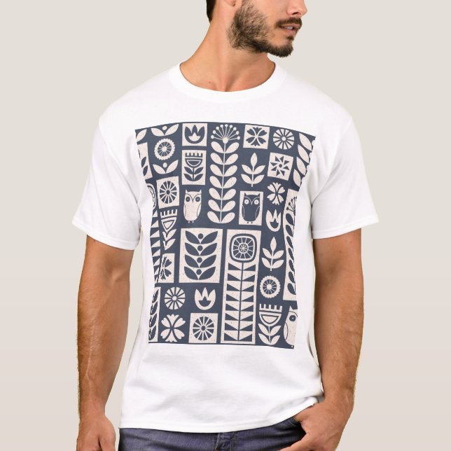 Skandinavisk Blommigt: Vit, blå, minimalistisk. T Shirt (Framsida)