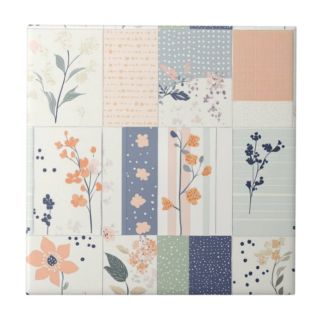 Skandinavisk blomsterpatchwork i rosa och blått kakelplatta (Framsidan)