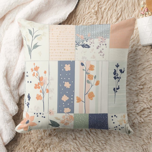 Skandinavisk blomsterpatchwork i rosa och blått kudde (Filt)