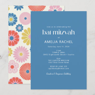 Skandinavisk Boho Folk Blomma Blå Bat Mitzvah Inbjudningar