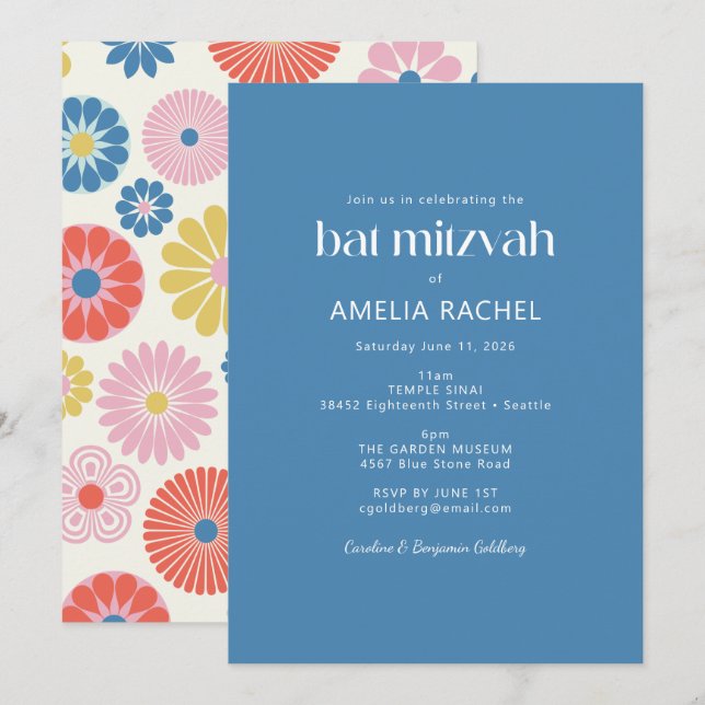 Skandinavisk Boho Folk Blomma Blå Bat Mitzvah Inbjudningar (Fram/baksida)