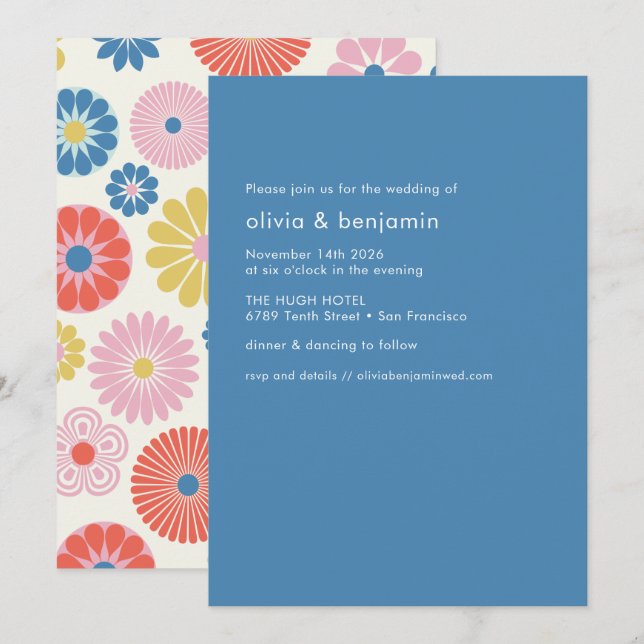 Skandinavisk Boho Folklig Blomma Blå Enkel Bröllop Inbjudningar (Fram/baksida)