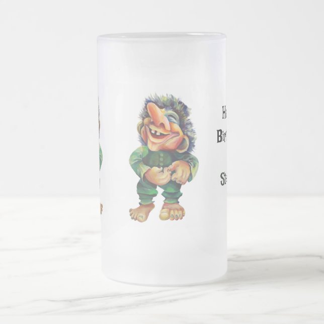 Skandinavisk flony Troll Illustration Vattenfärg Frostat Ölglas (Center)