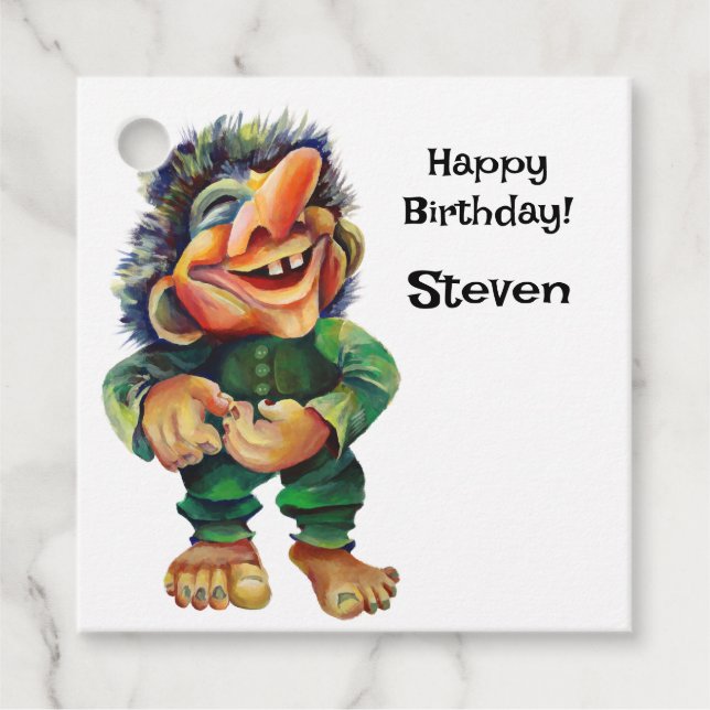 Skandinavisk flony Troll Illustration Vattenfärg Gåvor Etiketter (Framsida)